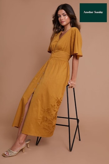 Another Sunday Gold Flutter Sleeve Button Through Midi Dress With Embroidery (E86212) | £62