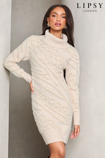 Lipsy Cream Petite Metallic Insert Zebra Knitted Jumper Dress (E86546) | £56