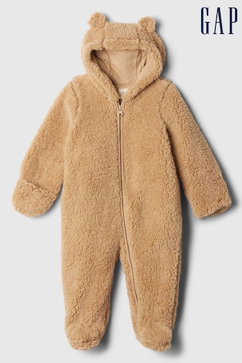 Gap Brown Sherpa Bear Hooded Footed Pramsuit (Newborn-12mths) (E86608) | £25