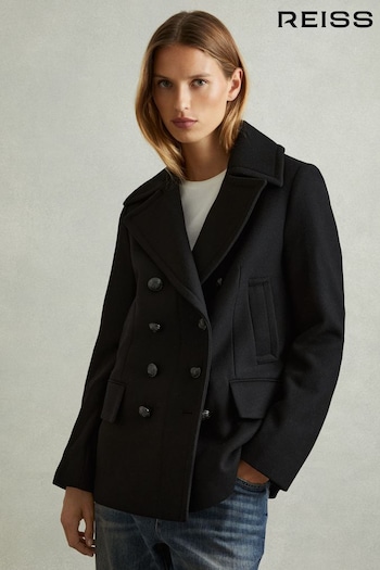 Reiss Black Lily Wool Blend Double Breasted Pea Coat (E88193) | £328