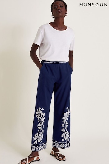 Monsoon Blue Ola Embroidered Wide Leg Trousers (E88543) | £59