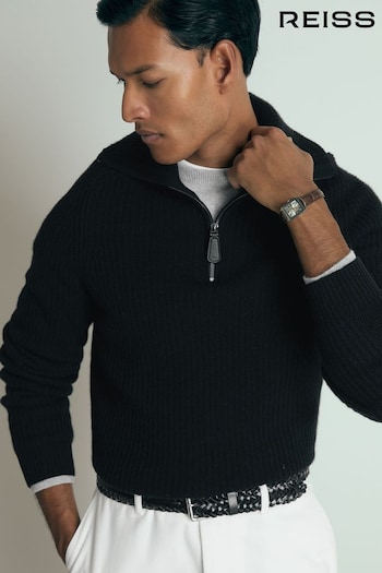 Reiss Black Santo Atelier Ribbed-Cashmere Funnel-Neck Jumper (E88907) | £278