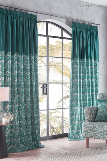 Clarke and Clarke Teal Strawberry Thief Pencil Pleat Curtains (E88921) | £100 - £220