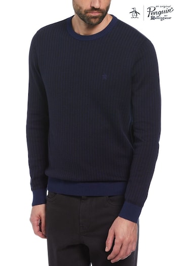 Original Penguin Blue Jacquard Tonal Stripe Crew Neck Sweater (E89207) | £80