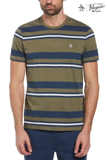 Original Penguin Green Auto Stripe 100% Cotton Jersey T-Shirt in Dusty Olive (E89231) | £35