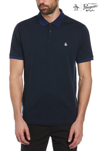 Original Penguin Blue Mini Geo Print Jacquard Polo Shirt in Medieval (E89251) | £70