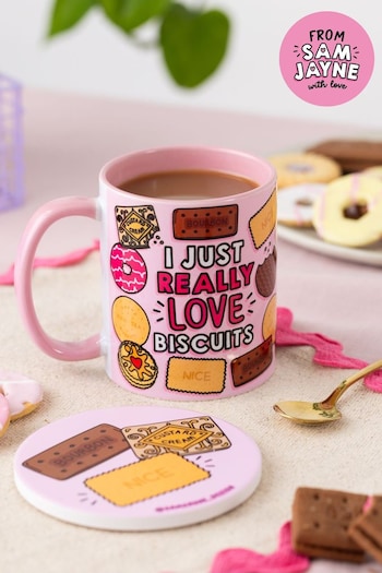 Sam Jayne Designs Pink I really love biscuits Mug and Coaster Giftset (E89766) | £18