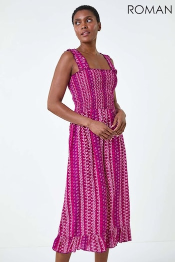 Roman Pink Abstract Stripe Shirred Bodice Midi Dress (E90052) | £40