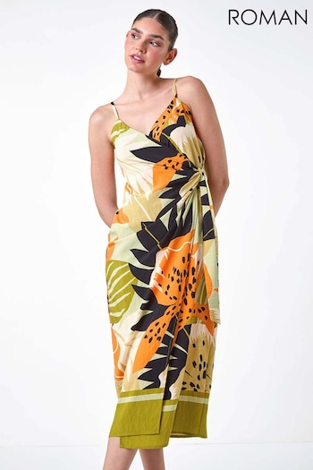 Roman Green Leaf Print Strappy Wrap Midi Dress (E90053) | £48