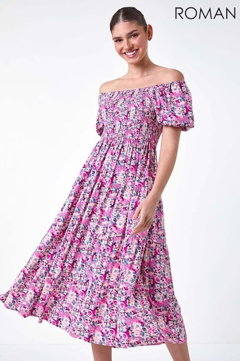 Roman Pink Ditsy Floral Shirred Bardot Tiered Dress (E90058) | £40