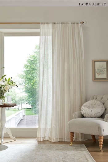 Laura Ashley Natural Awning Stripe Voile Slot Top Sheer Panel Curtain (E90194) | £28 - £40