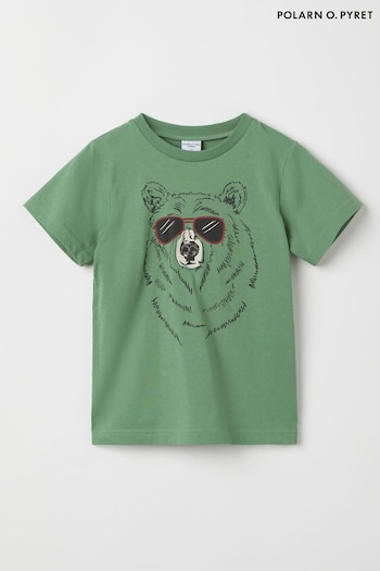 Polarn O. Pyret Green Organic Cotton Bear Print T-Shirt (E90498) | £14