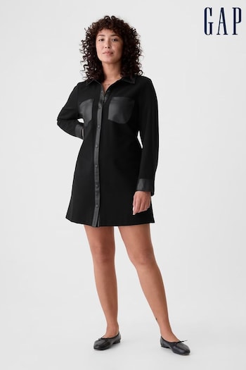 Gap Black Faux Leather Details Mini Shirt Dress (E91347) | £60