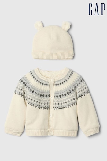 Gap Beige Fair Isle Cardigan & Hat Set (Newborn-24mths) (E91668) | £35