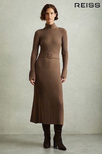 Reiss Mocha Vinette Ribbed Funnel Neck Belted Midi Dress (E92557) | £188