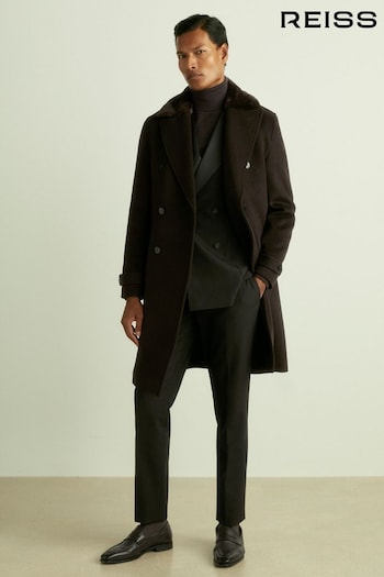 Reiss Brown Barista Wool-Blend Borg-Collar Overcoat (E92576) | £0