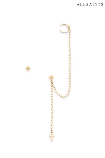 AllSaints Gold Tone Signature Pyramid Stud And Cuff Earrings Set (E92740) | £45