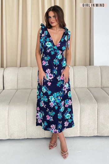 Girl In Mind Navy Floral Beverly  Ditsy Tie Shoulder Midi Dress (E92799) | £46