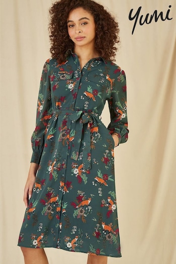 Yumi Green Fox Print Shirt Midi Dress (E92883) | £50