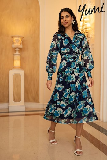 Yumi Blue Floral Mesh Wrap Dress With Long Sleeves (E92889) | £55