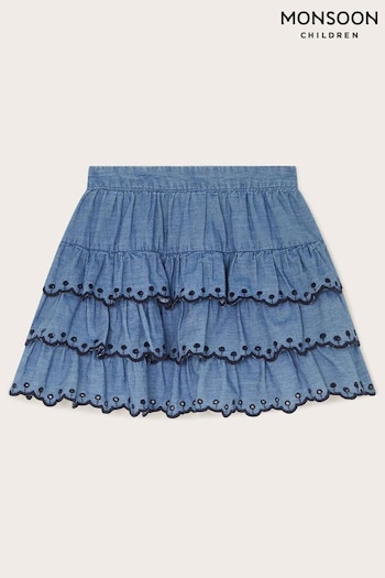 Monsoon Blue Embroidered Chambray Tiered Mini 100% Cotton Skirt (E93421) | £26 - £30