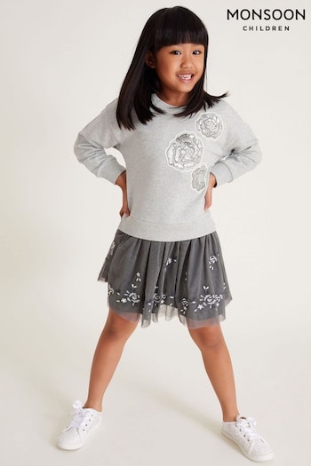 Monsoon Grey Rose Embellished 2-in-1 Sweatshirt Dress (E93434) | £38 - £43