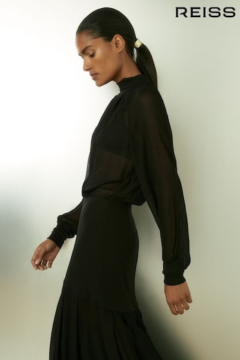 Reiss Black Octivia Sheer Jersey Gathered Maxi Dress (E93701) | £248