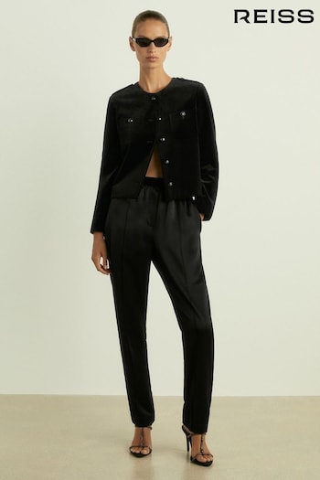 Reiss Black Viola Petite Cropped Velvet Jacket (E93717) | £238