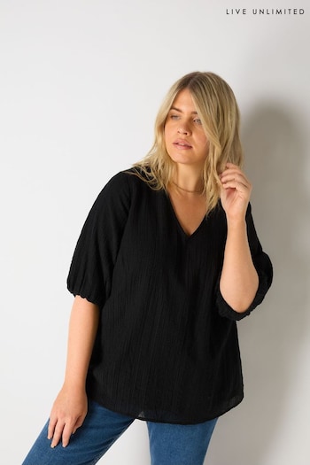 Live Unlimited Curve Textured Puff Sleeve Black Top (E93778) | £65