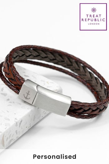 Treat Republic Mens Personalised Woven Layered Leather Brown Bracelet (E94690) | £36