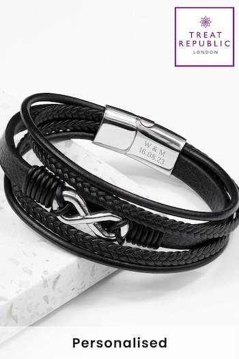 Treat Republic Mens Personalised Infinity Gunmetal Leather Stacked Black Bracelet (E94696) | £36