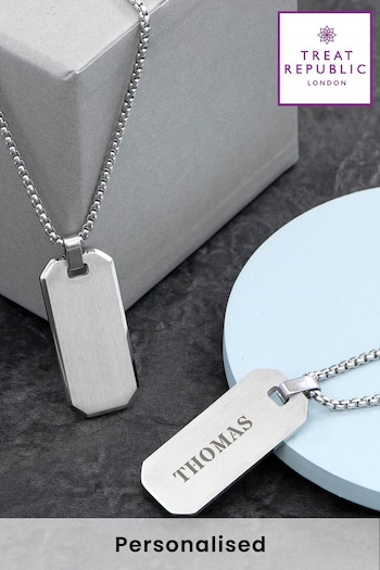 Treat Republic Silver Tone Personalised Men's Brushed Steel Dog Tag Necklace (E94701) | £30