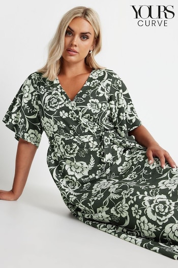 Yours Curve Green Wrap Angel Sleeve Texture Dress (E95266) | £37