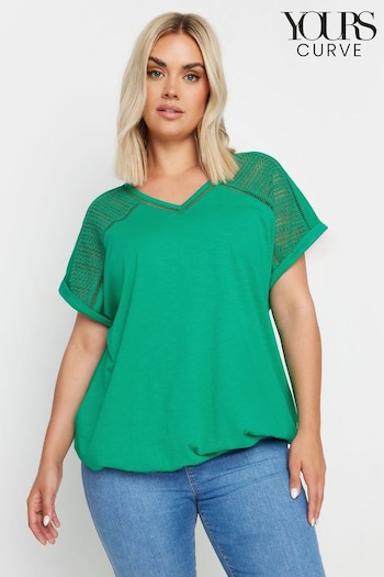 Yours Curve Green Grown On Sleeve Bubble Hem Crochet Top (E95298) | £22