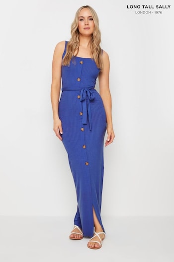 Long Tall Sally Blue Sleeveless Ribbed Button Thru Dress (E95461) | £36