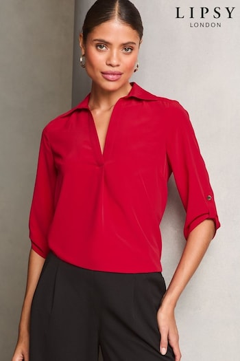 Lipsy Red V Neck 3/4 Sleeve Collared Blouse (E95533) | £32