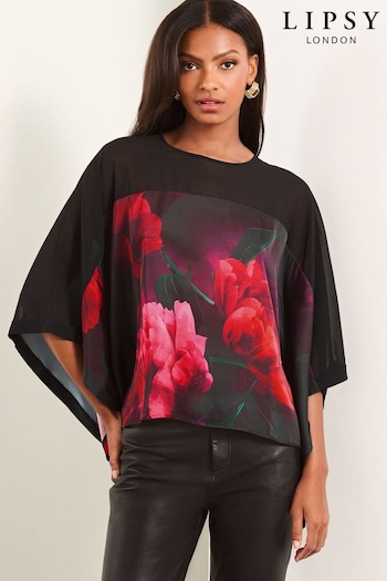 Lipsy Red Chiffon Yoke Floral Cape Top (E95549) | £45