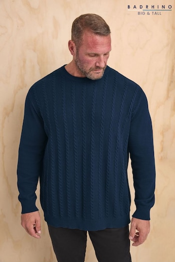 BadRhino Big & Tall Blue 100% Cotton Cable Crew Neck Jumper (E95826) | £34