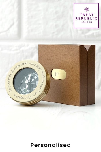 Treat Republic Gold Personalised Brass Travellers Compass With Wooden Box (E96043) | £38