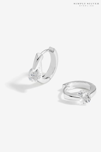 Simply Silver Silver Tone Sterling 925 Polished and Cubic Zirconia Besel Centre Stone Hoop Earrings (E96089) | £30