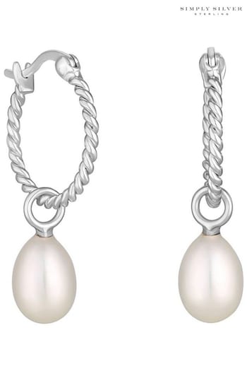 Simply Silver Silver Tone Recycled Sterling 925 Ribbed Hoop Pearl Drop Earrings (E96109) | £40