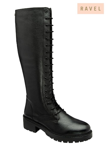 Ravel Black Leather Round-Toe Zip-Up Knee-High Boots (E96397) | £130