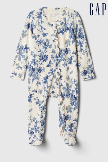 Gap White Floral 100% Cotton Two Way Zip Footed Baby Sleepsuit (Newborn-9mths) (E97161) | £18