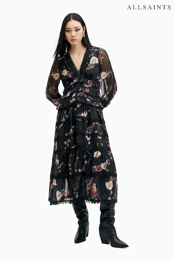 AllSaints Black Zora Midi Dress (E97584) | £259