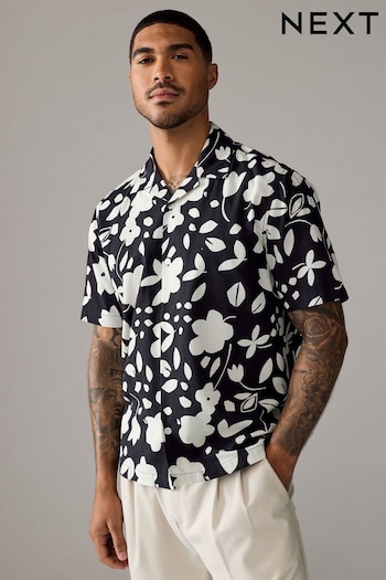 Monochrome Printed Floral Short Sleeve Shirt With Cuban Collar (E98049) | £32