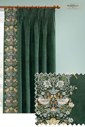 Morris & Co Forest Green Strawberry Theif Embroidered Pencil Pleat Curtains (E98085) | £145 - £310