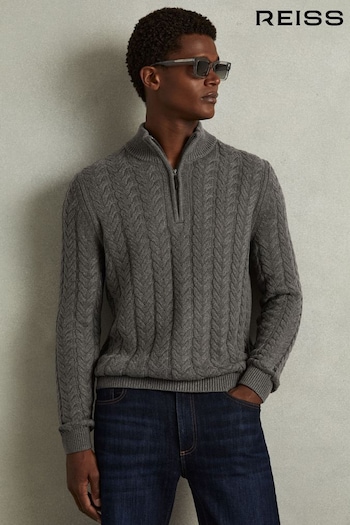 Reiss Mid Grey Melange Tamworth Cabled Zip-Neck Jumper with Cotton and Wool (E98377) | £128