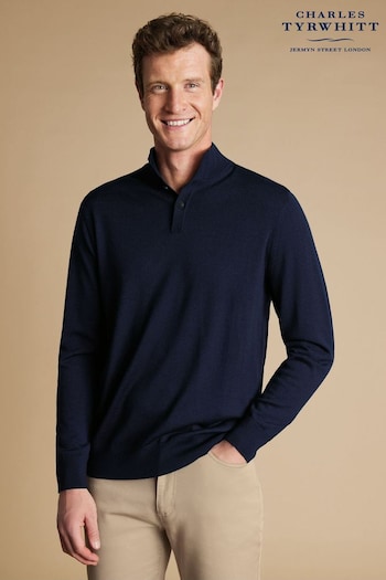 Charles Tyrwhitt Blue Merino Button Neck Jumper (E99295) | £80