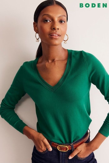 Boden Dark Green V-Neck Catriona Cotton Jumper (E99379) | £60