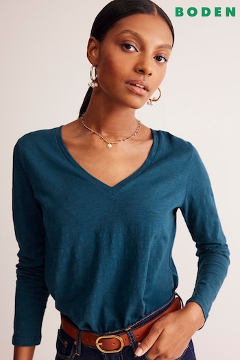 Boden Blue Cotton V-Neck Long Sleeve 100% Cotton Top (E99387) | £28